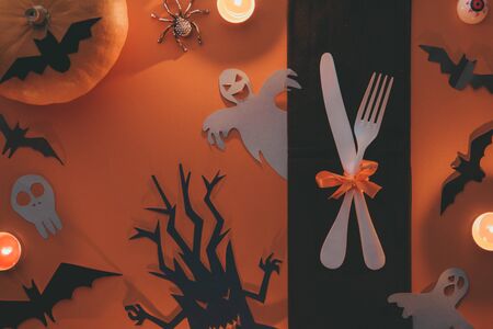 Halloween photo backgrounds with pumpkin, knife, fork, plate, ghost and bats.