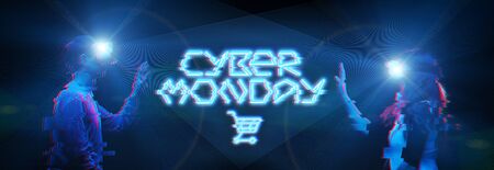 Man and woman in virtual reality glasses with raised hands with blue inscription.の写真素材