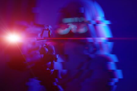 Girl with blaster in the futuristic battle. Image with glitch effect.
