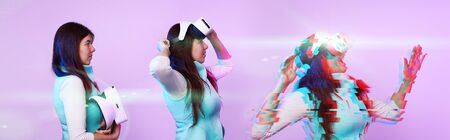 Woman wearing virtual reality headset. Image with glitch effectの写真素材
