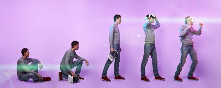 Man wearing virtual reality headset. Image with glitch effectの写真素材