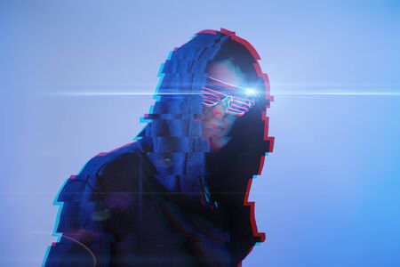 Man in hood and cyber glasses. Game character.の写真素材