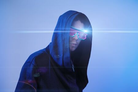 Man in hood and cyber glasses. Game character.