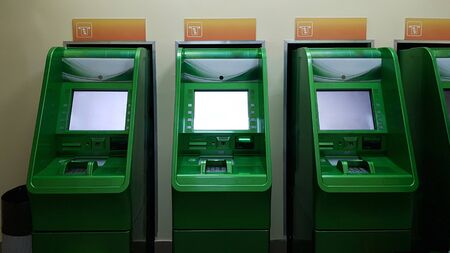 Group of green of Automated teller machine. Concept of banking services, payment and cash withdrawal.の写真素材