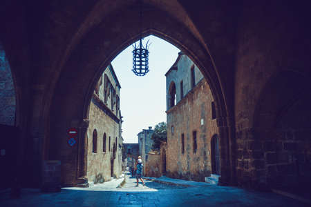 Rhodes, Greece - July 2019: Street of old townのeditorial素材