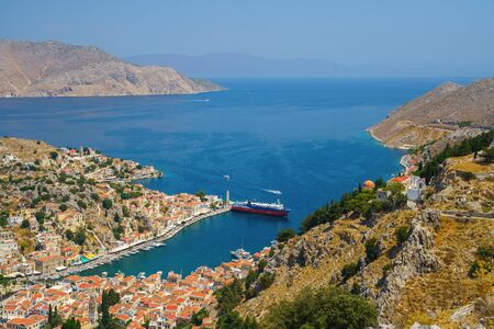 Panoramic view of the picturesque village on the Greek island of Symi, Dodecanese, Greeceの写真素材