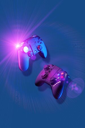 Two flying joysticks. Concept of multiplayer game, entertainment and communication.