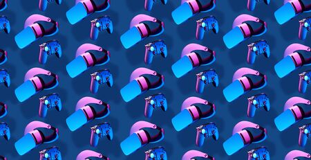 Seamless pattern with virtual reality headset and gamepad joystick game controllers.
