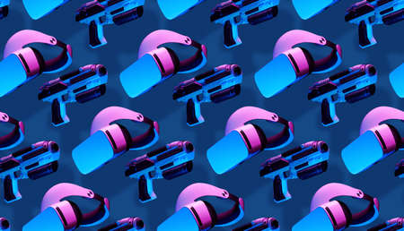 Seamless pattern with virtual reality headset and blaster game controllers.の写真素材