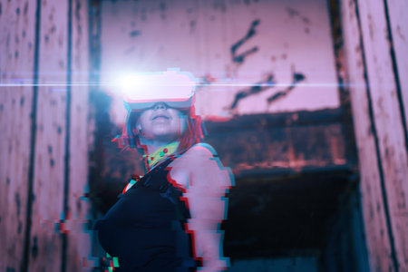 Woman goes into virtual reality using virtual reality headset. Image with glitch effect.