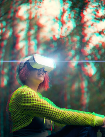 Woman goes into virtual reality using virtual reality headset. Image with glitch effect.