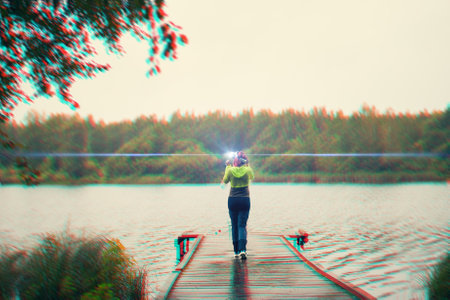 Woman goes into virtual reality using virtual reality headset. Image with glitch effect.