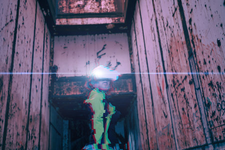 Woman goes into virtual reality using virtual reality headset. Image with glitch effect.の写真素材
