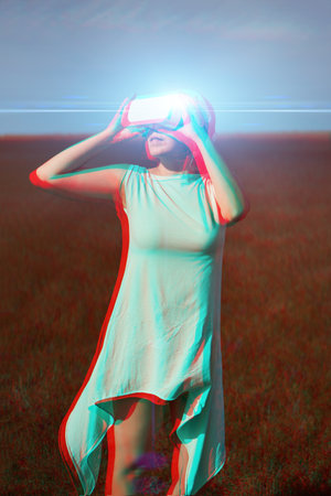 Woman goes into virtual reality using virtual reality headset. Image with glitch effect.