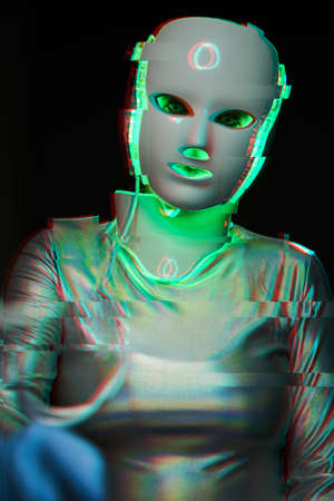 Portrait of futuristic robot. Image with glitch effect.の写真素材
