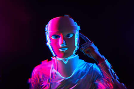 Portrait of futuristic robot. Image with glitch effect.