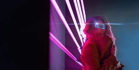 Cyber girl. Beautiful young woman, futuristic style. Image with glitch effect.