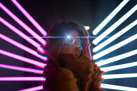 Cyber girl. Beautiful young woman, futuristic style. Image with glitch effect.