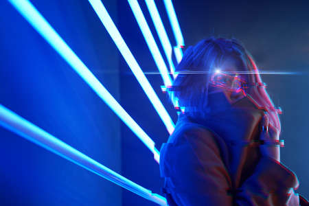 Cyber girl. Beautiful young woman, futuristic style. Image with glitch effect.の写真素材