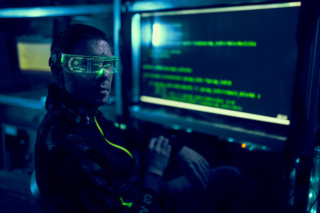 Cyber hacker breaks into databases to obtain information using a computer.の写真素材