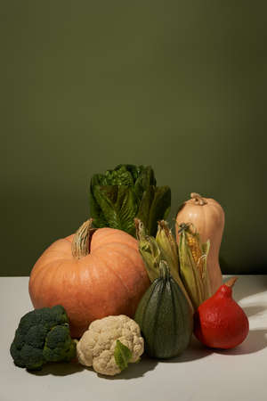Seasonal vegetables on white table against green wall.の写真素材