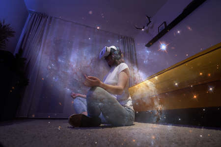 Woman uses virtual reality glasses to relax and meditate.