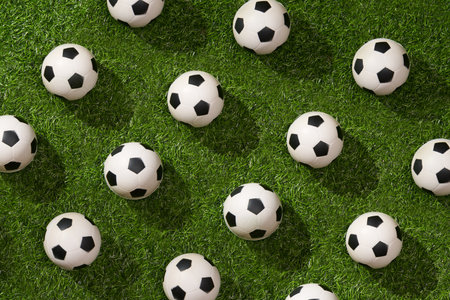 Seamless pattern of soccer balls on green grass soccer field.