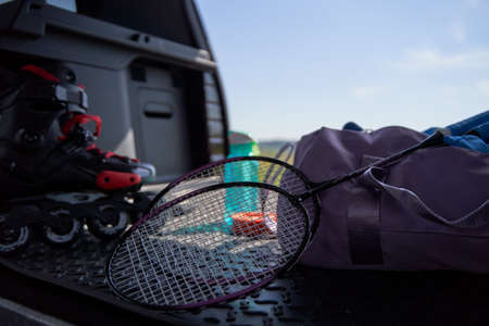 Sports equipment in the trunk of a car.の写真素材