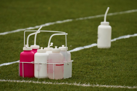 Water bottles for american football players on green grass at the edge of the playing fieldの写真素材