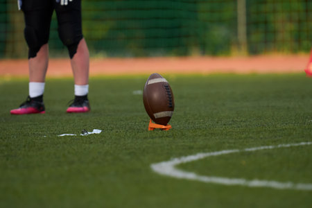 Ball for american football on green grassの写真素材