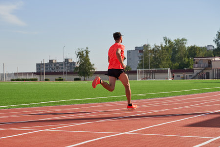 Sport man athlete is running on treadmillat the stadiumの写真素材