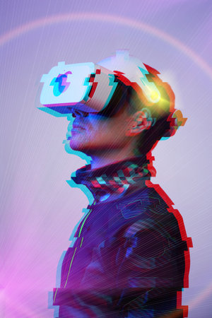 Man is using virtual reality headset. Concept of virtual, augmented and extended reality and metaverse.の写真素材