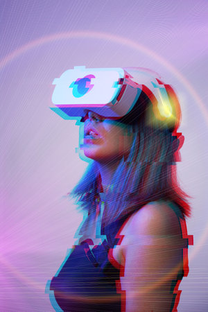 Woman is using virtual reality headset. Concept of virtual, augmented and extended reality and metaverse.の写真素材