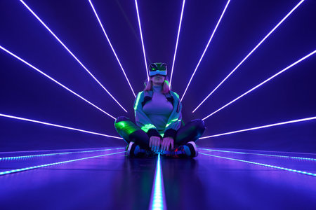 Woman is using virtual reality headset to access in metaverse.の写真素材