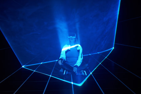 Woman is using virtual reality headset to access in metaverse.