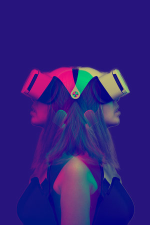 Woman is using virtual reality headset. Image with double color exposure effect.