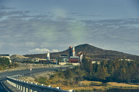 Industrial landscape with heavy pollution produced by a large factory.の写真素材