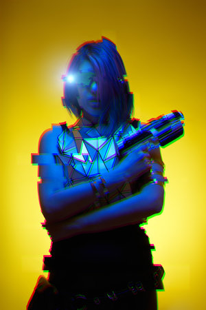Girl with blaster in the futuristic battle. Image with glitch effect.