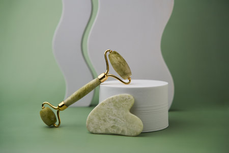 Green jade face roller and Gua Sha scraping for beauty facial massage therapyの写真素材