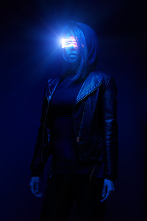 Woman is using augmented reality headset. Concept of virtual, augmented and extended reality.の写真素材