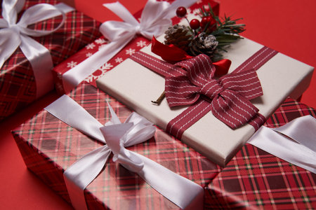 Group of gift boxes on red background.
