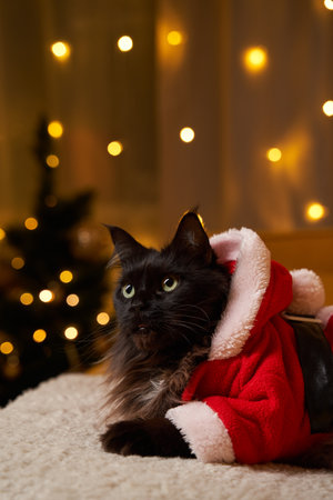 Black maine coon cat in Santa Claus costume on sofa against background of Christmas tree.の写真素材