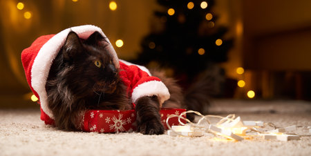 Black maine coon cat in Santa Claus costume lies on the floor with gift.の写真素材