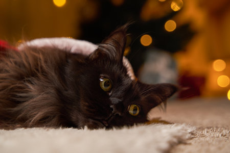 Black maine coon cat in Santa Claus costume lies on the floor against background of Christmas tree.の写真素材