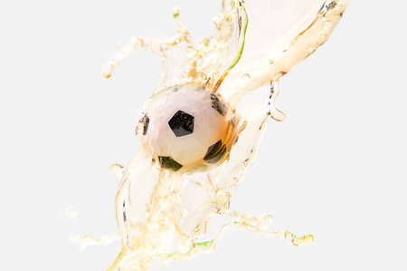Soccer ball in beer splash on white background.の写真素材