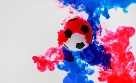 Soccer ball with red and blue color splash on white background.の写真素材