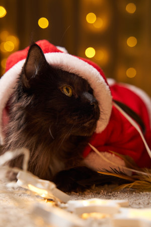 Black maine coon cat in Santa Claus costume with gurland lies on the floor against background of Christmas tree.の写真素材