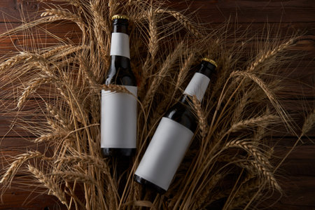Bottles of beer lie on the ears of rye.の写真素材