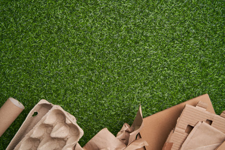 Paper collected for recycling on green grass background.の写真素材