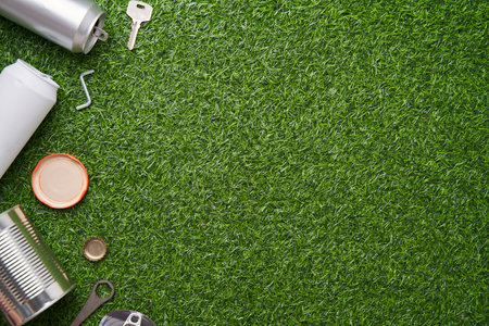 Many metal tins, cans and jars for recycling. Aluminum metal food and drink sorted scraps. Steel packaging.の写真素材